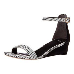 COLE HAAN Rossi Striped White Black Leather Wedge Sandal Ankle Strap Zip